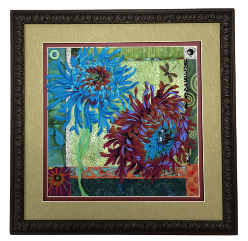 Picture of flowers made out of material, quilted, appliqued, and framed